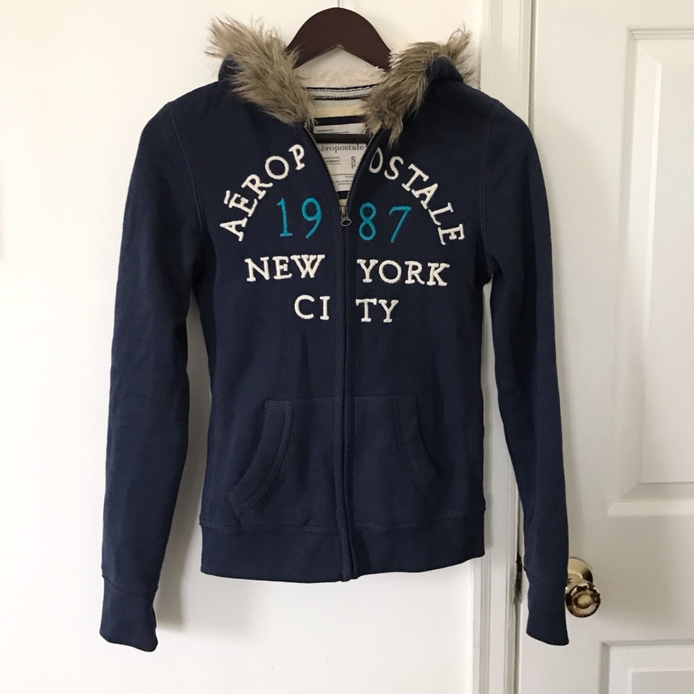 Aeropostale Navy Blue Faux Fur Lined Hoodie Jacket